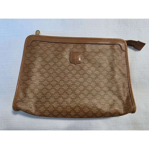 CELINE Vintage Macadam Coated Canvas Clutch Pouch Brown Logo Paris - Picture 2 of 10